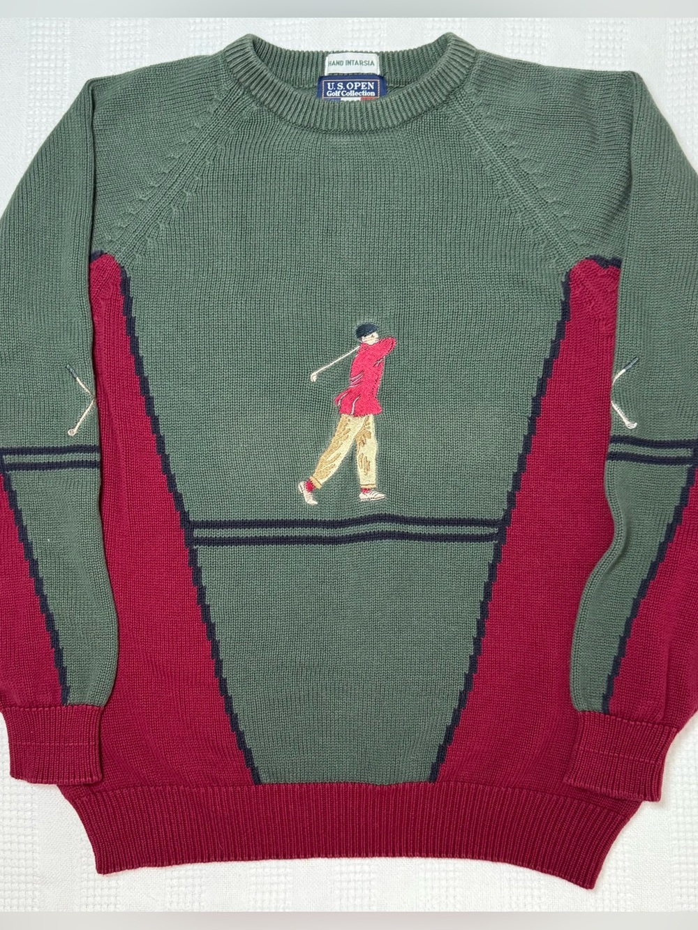 VTG 90s U.S. Open Golf Collection Hand Intarsia Knit Sweater Men's L 100% Cotton